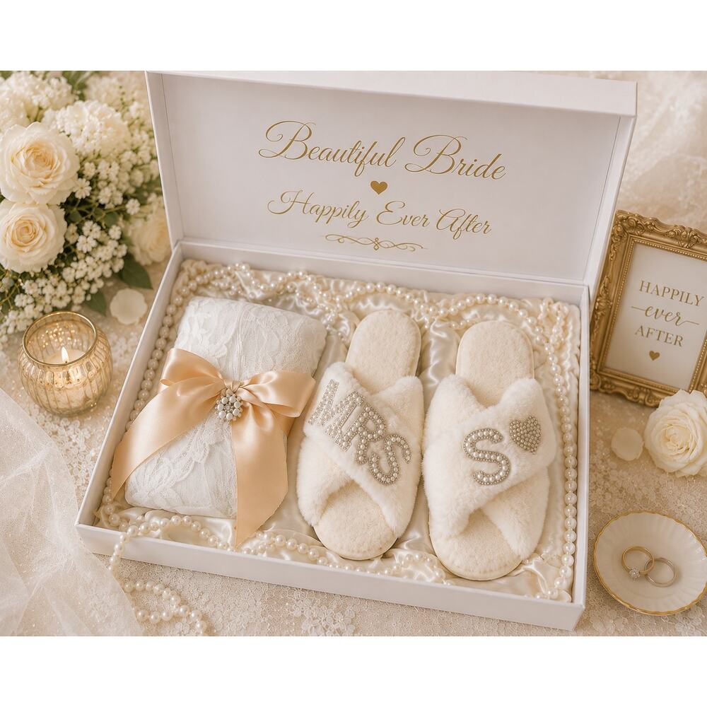 ✨ Personalized Bride Gift Box with Lace Robe & Pearl MRS Slippers